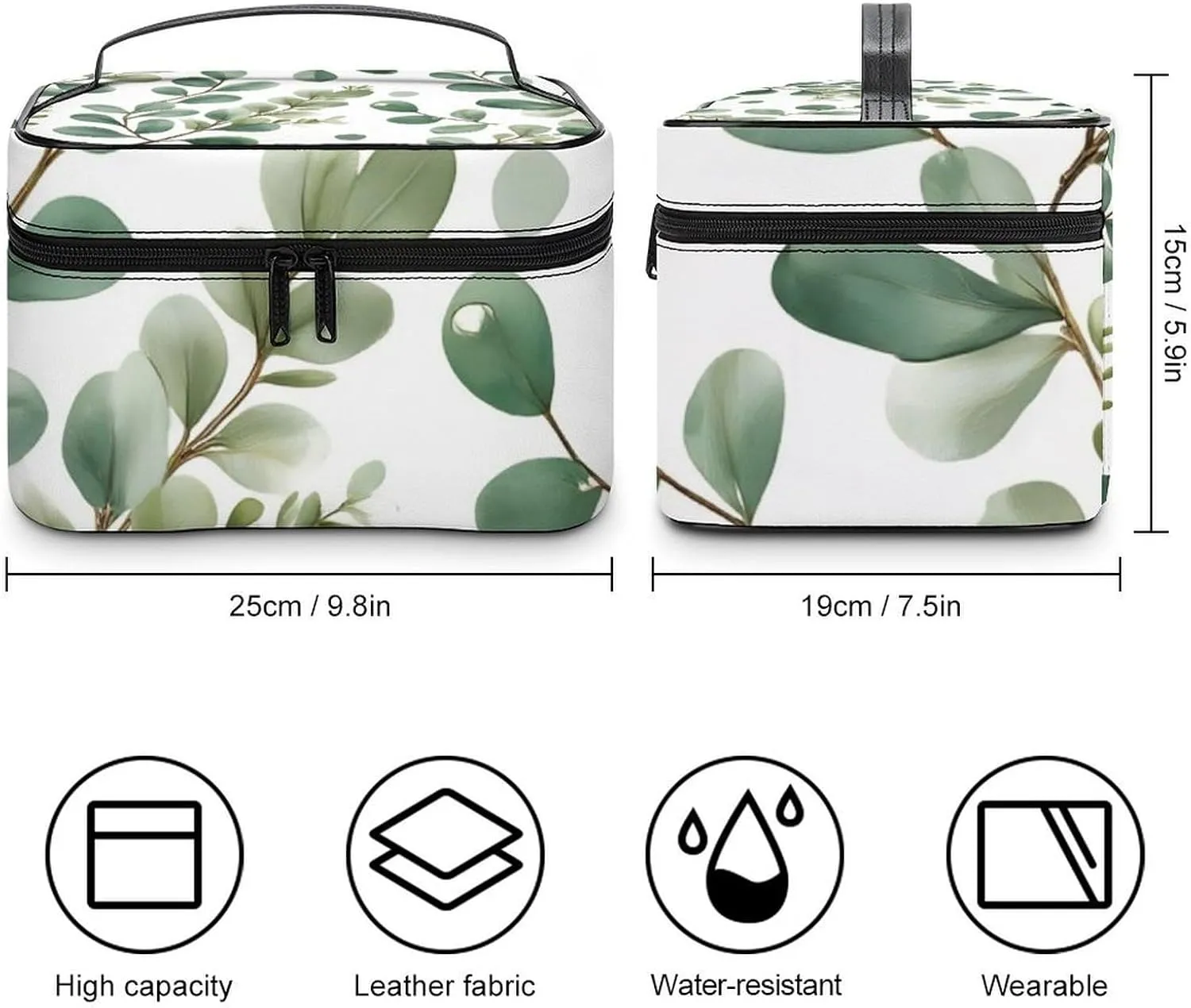 Portable Makeup Bag with Zipper Pouch, Watercolor Sage Green Leaf Cosmetic Case Large Capacity Travel Makeup Case Organizer Toiletry Brushes Storage Bag