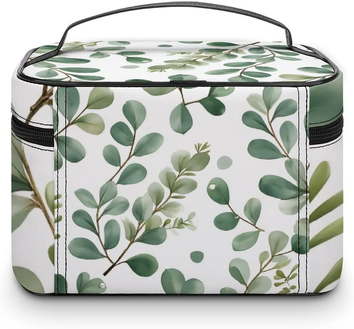 Portable Makeup Bag with Zipper Pouch, Watercolor Sage Green Leaf Cosmetic Case Large Capacity Travel Makeup Case Organizer Toiletry Brushes Storage Bag