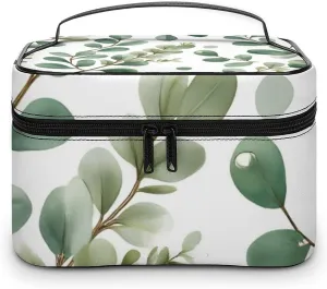 Portable Makeup Bag with Zipper Pouch, Watercolor Sage Green Leaf Cosmetic Case Large Capacity Travel Makeup Case Organizer Toiletry Brushes Storage Bag