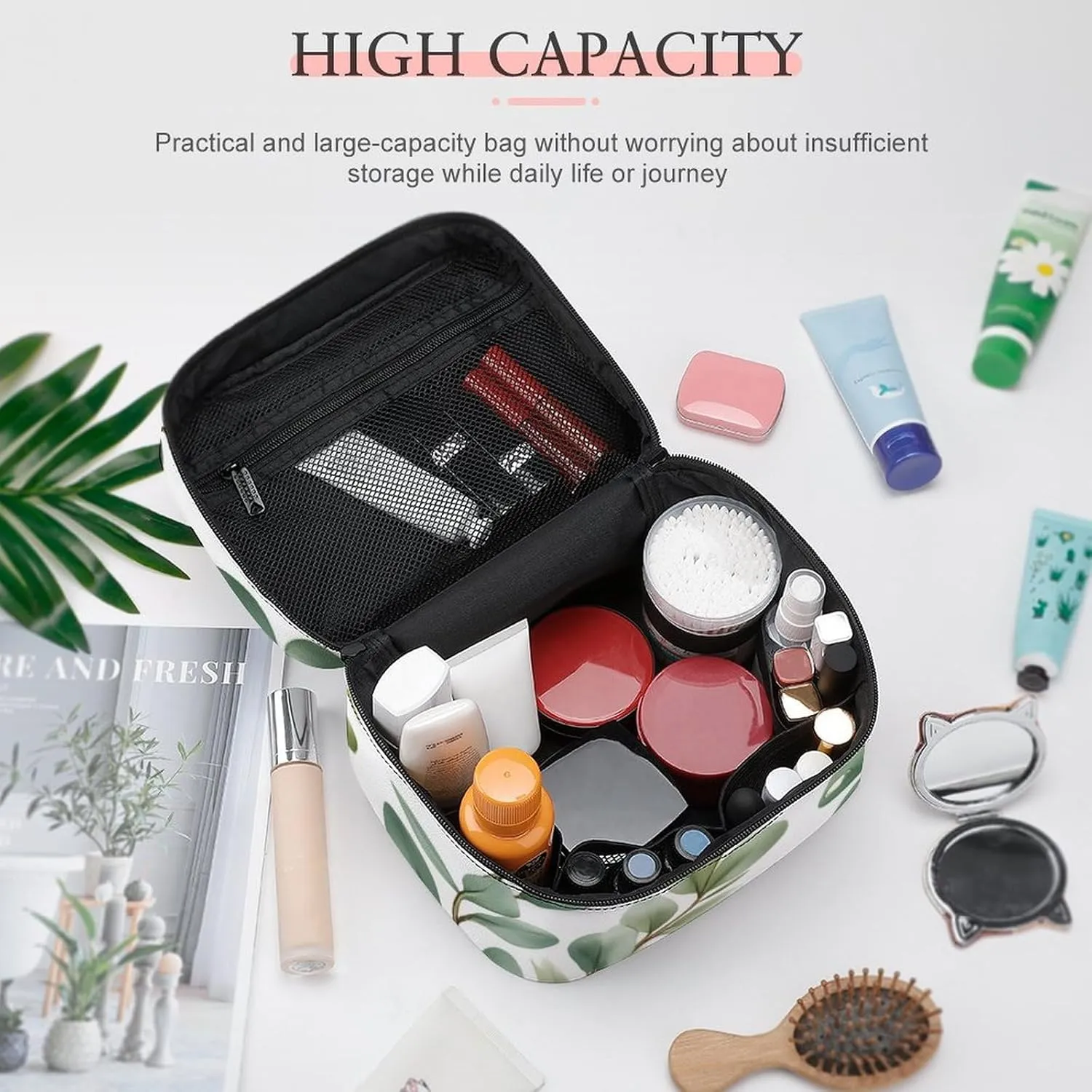 Portable Makeup Bag with Zipper Pouch, Watercolor Sage Green Leaf Cosmetic Case Large Capacity Travel Makeup Case Organizer Toiletry Brushes Storage Bag