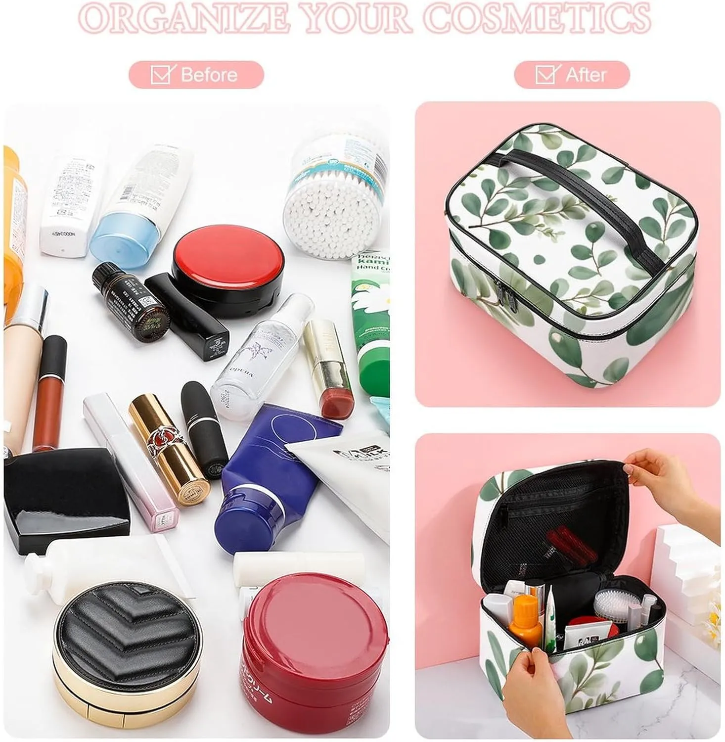 Portable Makeup Bag with Zipper Pouch, Watercolor Sage Green Leaf Cosmetic Case Large Capacity Travel Makeup Case Organizer Toiletry Brushes Storage Bag