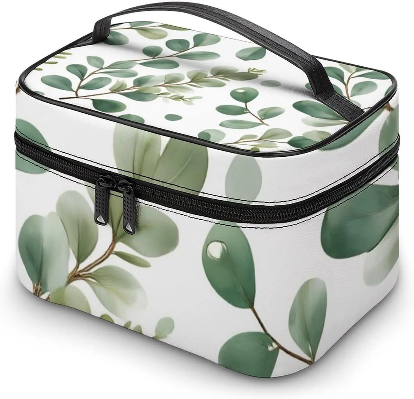 Portable Makeup Bag with Zipper Pouch, Watercolor Sage Green Leaf Cosmetic Case Large Capacity Travel Makeup Case Organizer Toiletry Brushes Storage Bag
