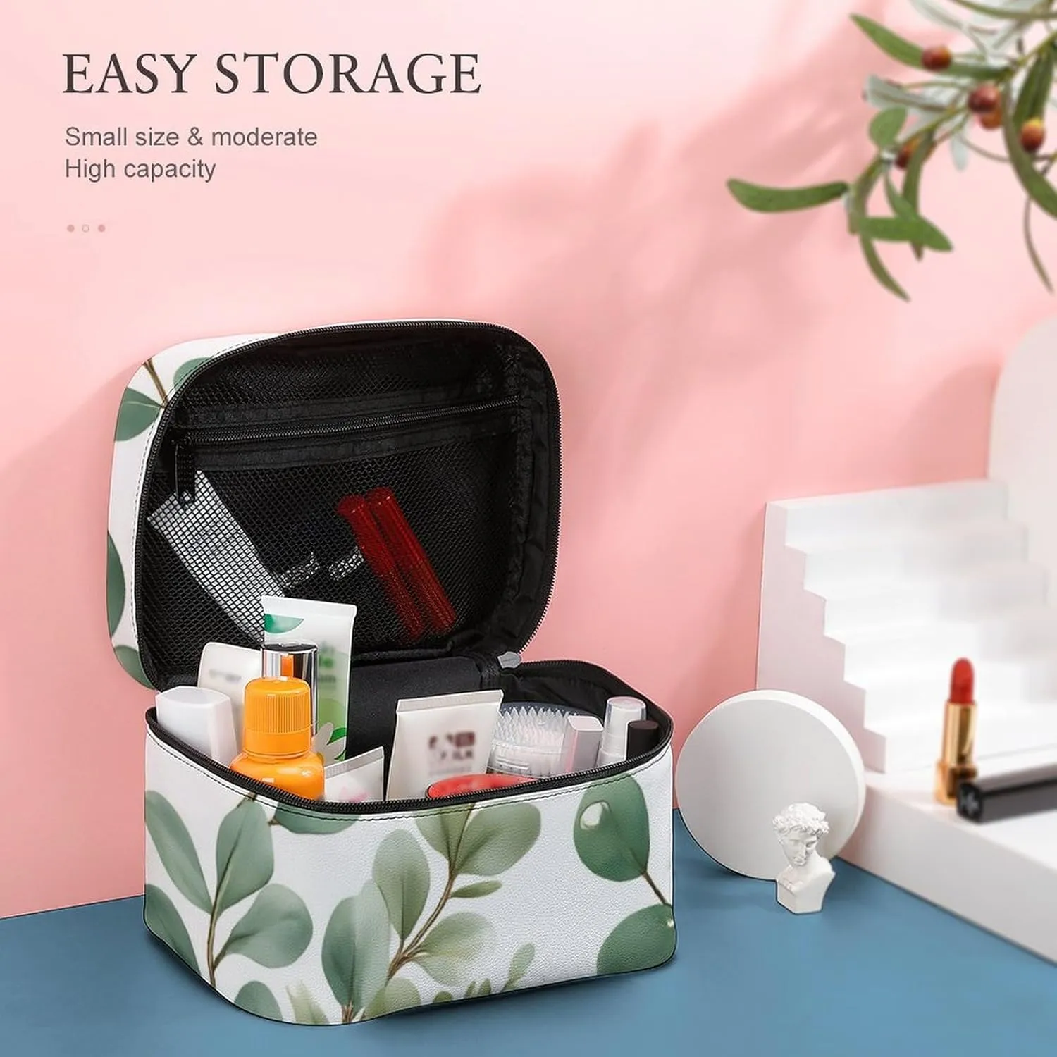 Portable Makeup Bag with Zipper Pouch, Watercolor Sage Green Leaf Cosmetic Case Large Capacity Travel Makeup Case Organizer Toiletry Brushes Storage Bag