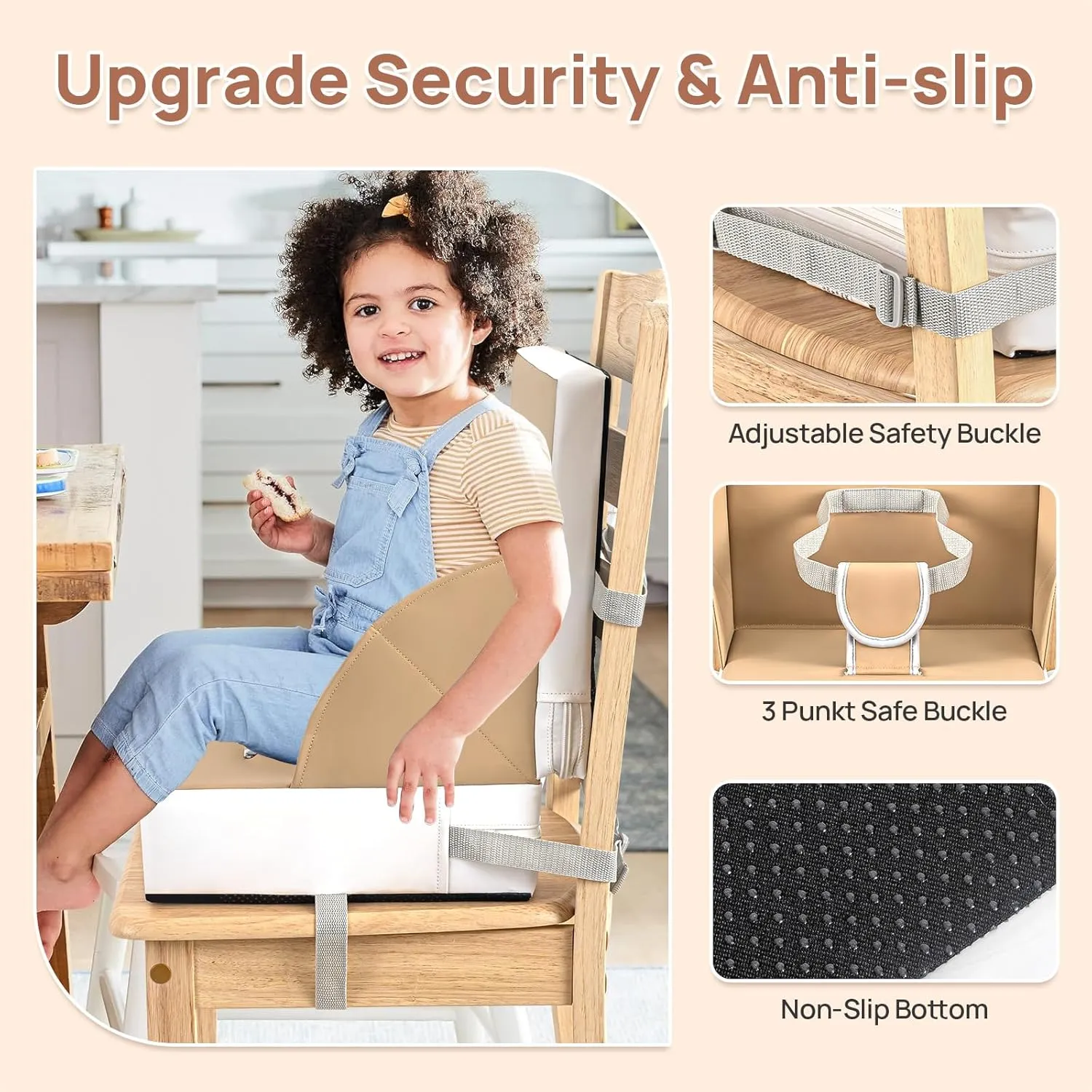 Portable Toddler Booster Seat for Dining Table, Anti-Scratch Cushion with Non-Slip Bottom, Adjustable Safety Straps, One-Second Cleaning, Khaki