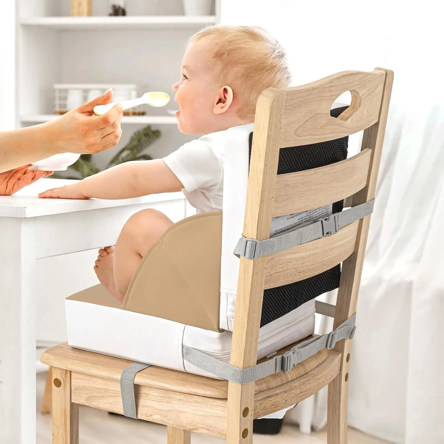 Portable Toddler Booster Seat for Dining Table, Anti-Scratch Cushion with Non-Slip Bottom, Adjustable Safety Straps, One-Second Cleaning, Khaki