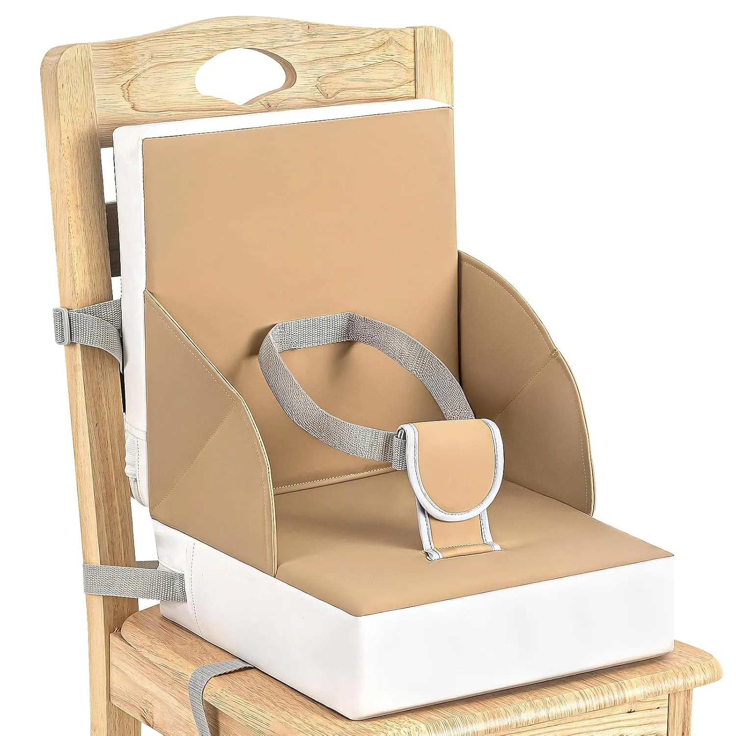 Portable Toddler Booster Seat for Dining Table, Anti-Scratch Cushion with Non-Slip Bottom, Adjustable Safety Straps, One-Second Cleaning, Khaki