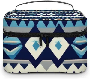 Portable Travel Makeup Bag for Women, Waterproof Toiletry Pouch Colorful Surf Blue Tribal Navajo Aztec Geometric Ethnic Pattern Cosmetic Organizer Storage Case with Handle
