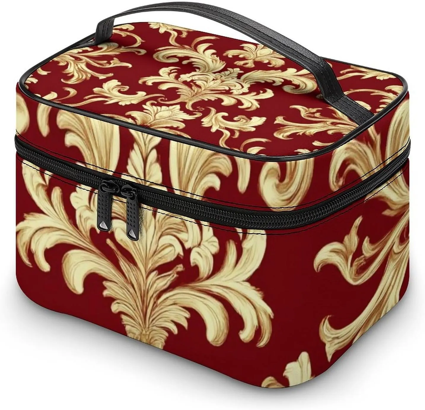 Portable Travel Makeup Bag for Women, Waterproof Toiletry Pouch Flower Red Gold Floral Classy Burgundy Antique Cosmetic Organizer Storage Case with Handle