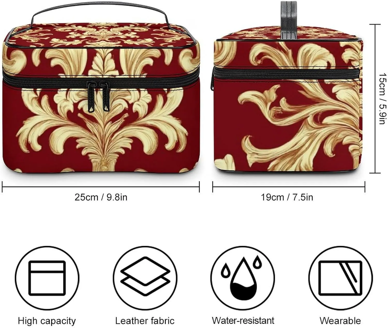 Portable Travel Makeup Bag for Women, Waterproof Toiletry Pouch Flower Red Gold Floral Classy Burgundy Antique Cosmetic Organizer Storage Case with Handle