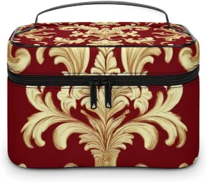 Portable Travel Makeup Bag for Women, Waterproof Toiletry Pouch Flower Red Gold Floral Classy Burgundy Antique Cosmetic Organizer Storage Case with Handle