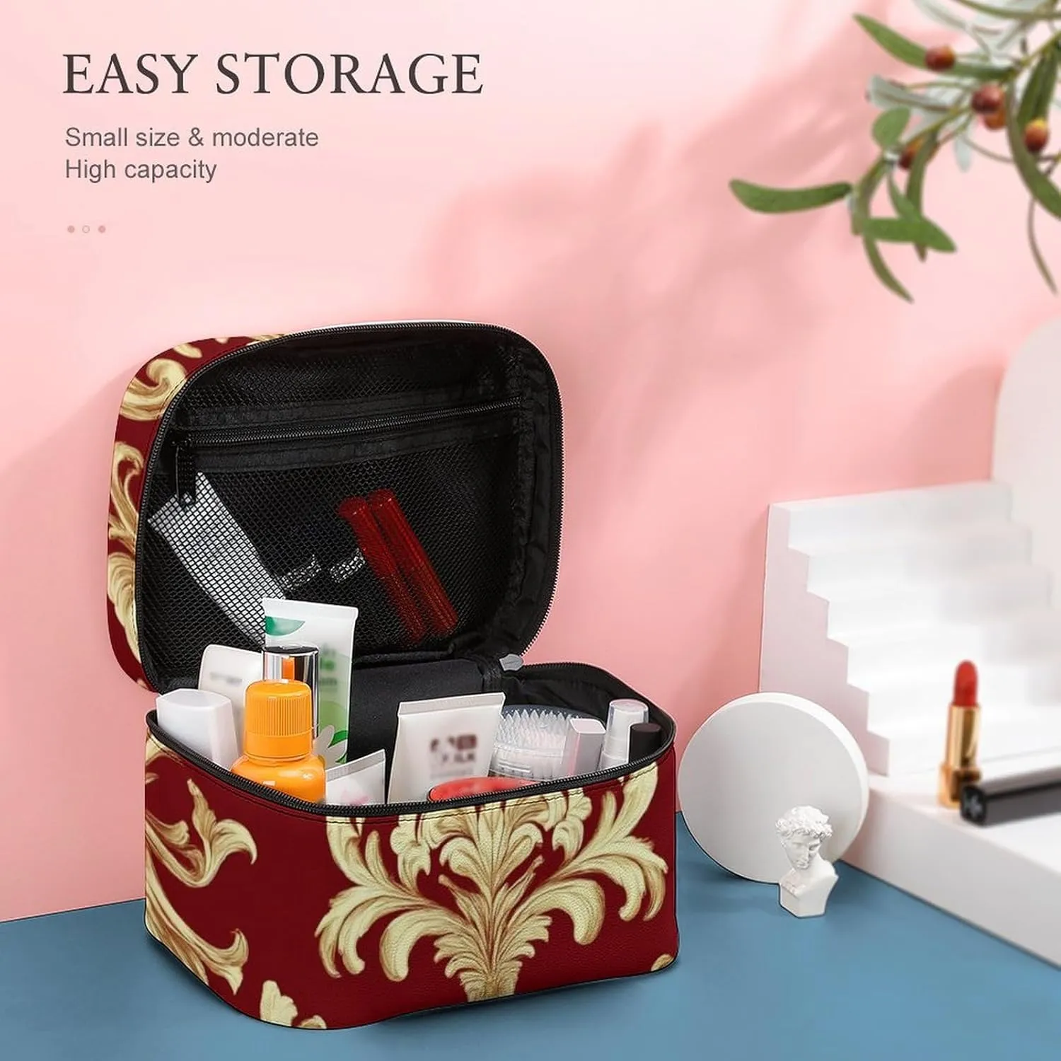 Portable Travel Makeup Bag for Women, Waterproof Toiletry Pouch Flower Red Gold Floral Classy Burgundy Antique Cosmetic Organizer Storage Case with Handle