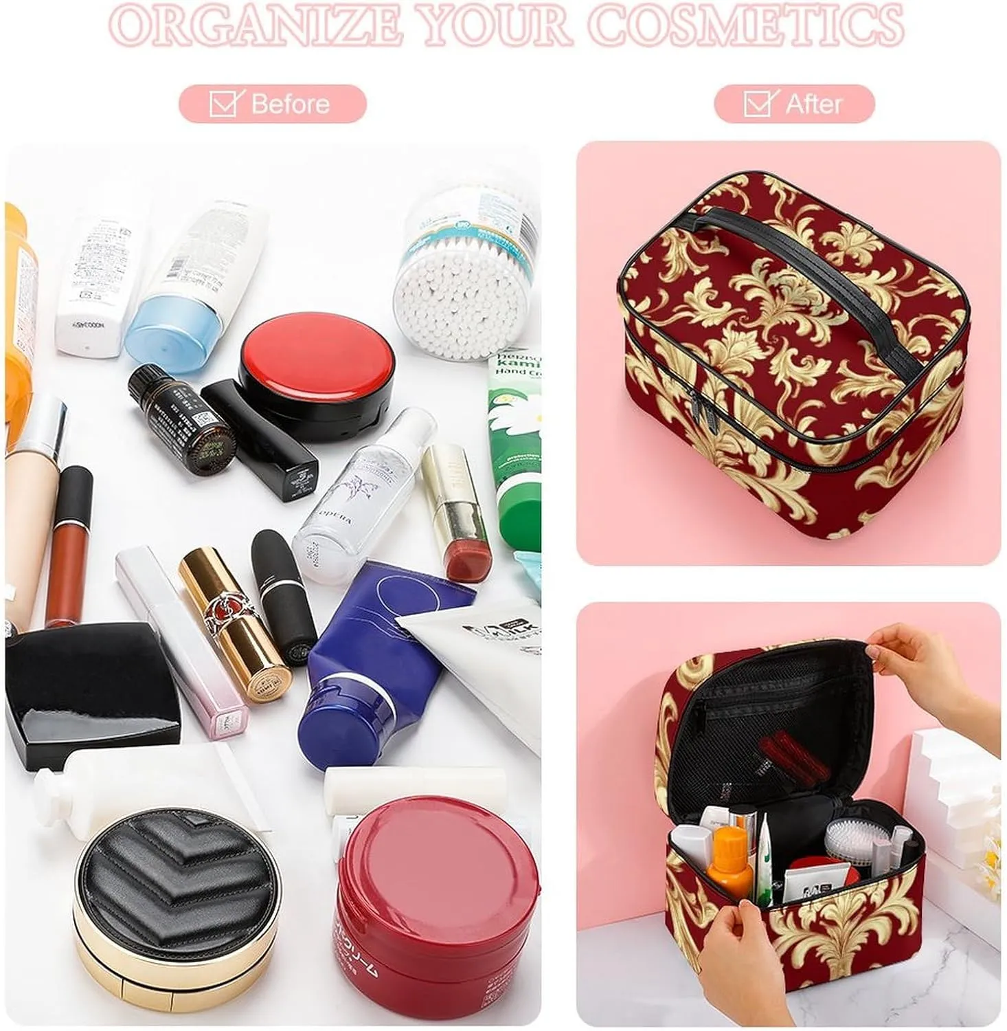 Portable Travel Makeup Bag for Women, Waterproof Toiletry Pouch Flower Red Gold Floral Classy Burgundy Antique Cosmetic Organizer Storage Case with Handle