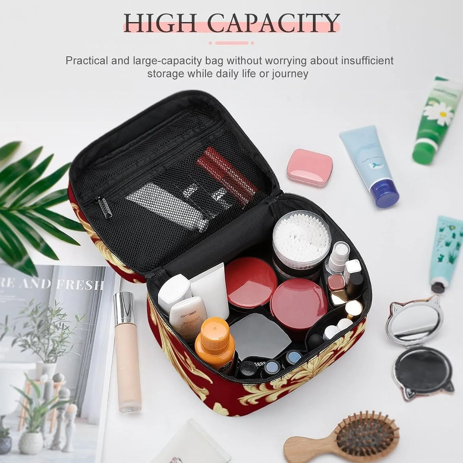 Portable Travel Makeup Bag for Women, Waterproof Toiletry Pouch Flower Red Gold Floral Classy Burgundy Antique Cosmetic Organizer Storage Case with Handle