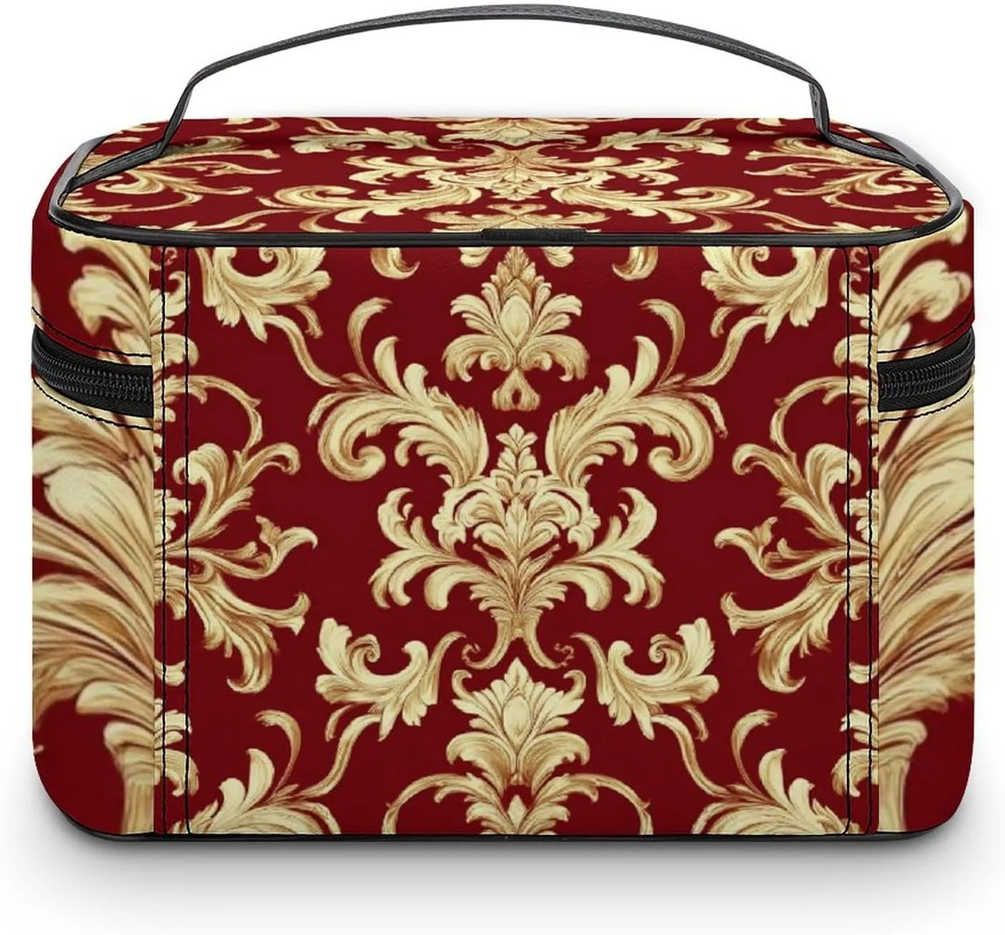 Portable Travel Makeup Bag for Women, Waterproof Toiletry Pouch Flower Red Gold Floral Classy Burgundy Antique Cosmetic Organizer Storage Case with Handle