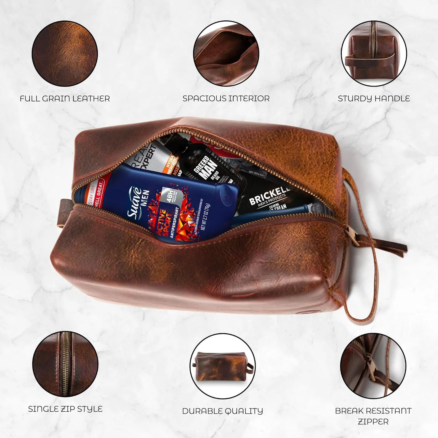 Premium Leather Toiletry Bag For Men - Travel Bag, Shaving Kit Bag & Toiletry Organizer - Full Grain Leather (Double Zip, Antique)