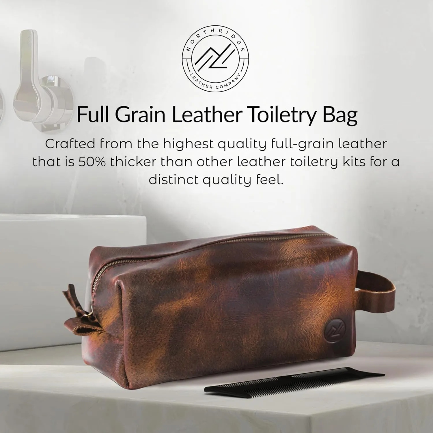 Premium Leather Toiletry Bag For Men - Travel Bag, Shaving Kit Bag & Toiletry Organizer - Full Grain Leather (Double Zip, Antique)