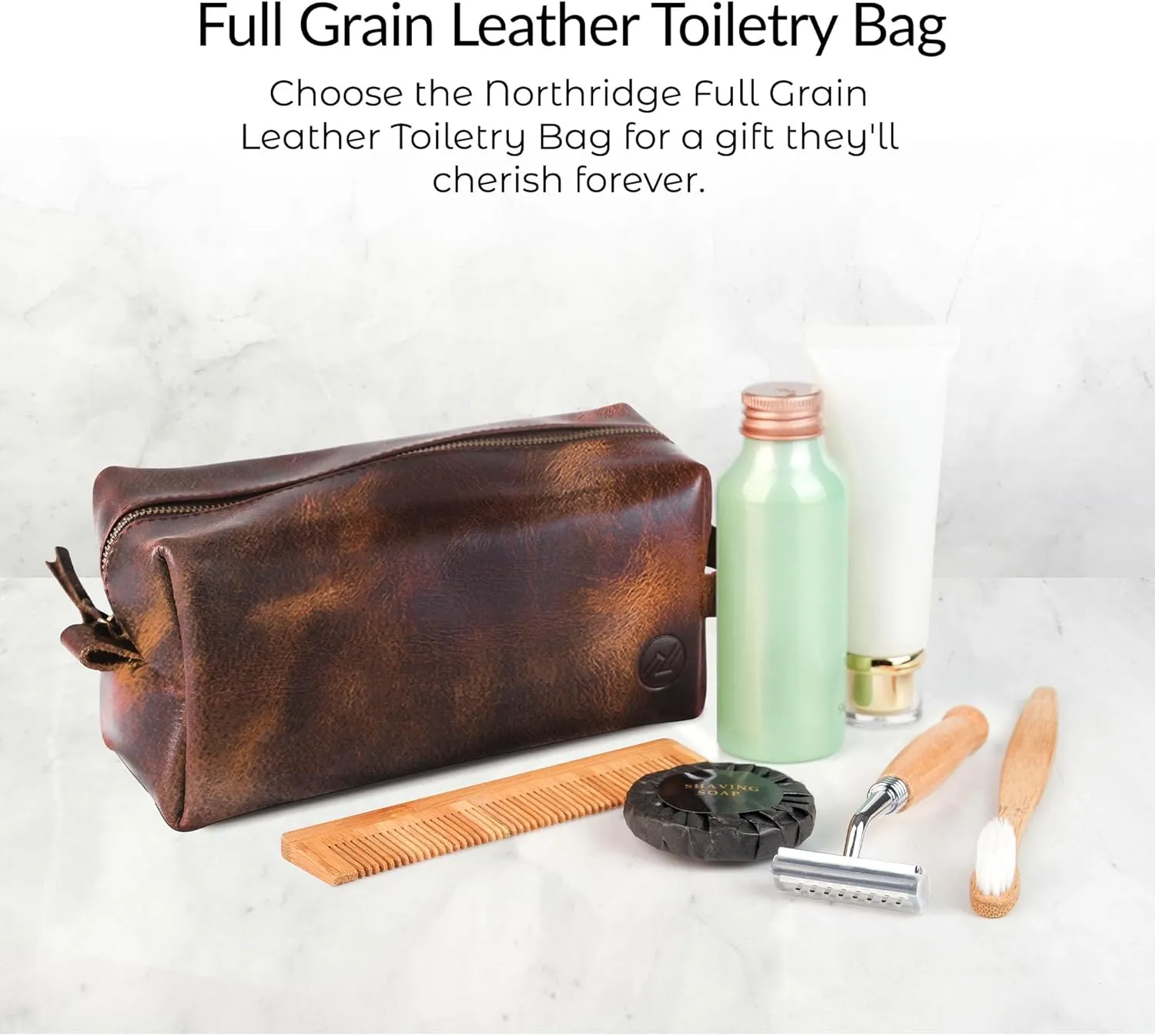 Premium Leather Toiletry Bag For Men - Travel Bag, Shaving Kit Bag & Toiletry Organizer - Full Grain Leather (Double Zip, Antique)