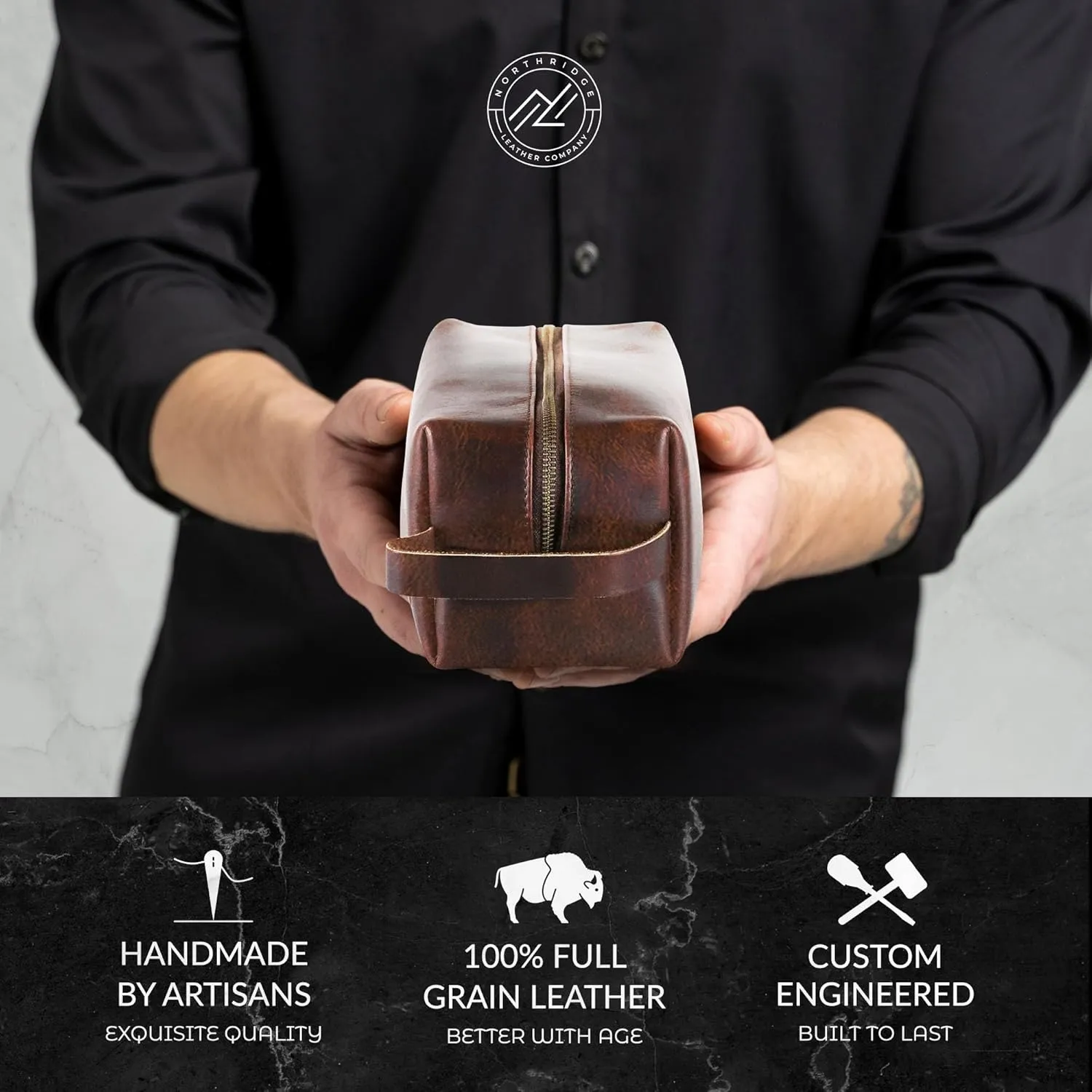 Premium Leather Toiletry Bag For Men - Travel Bag, Shaving Kit Bag & Toiletry Organizer - Full Grain Leather (Double Zip, Antique)