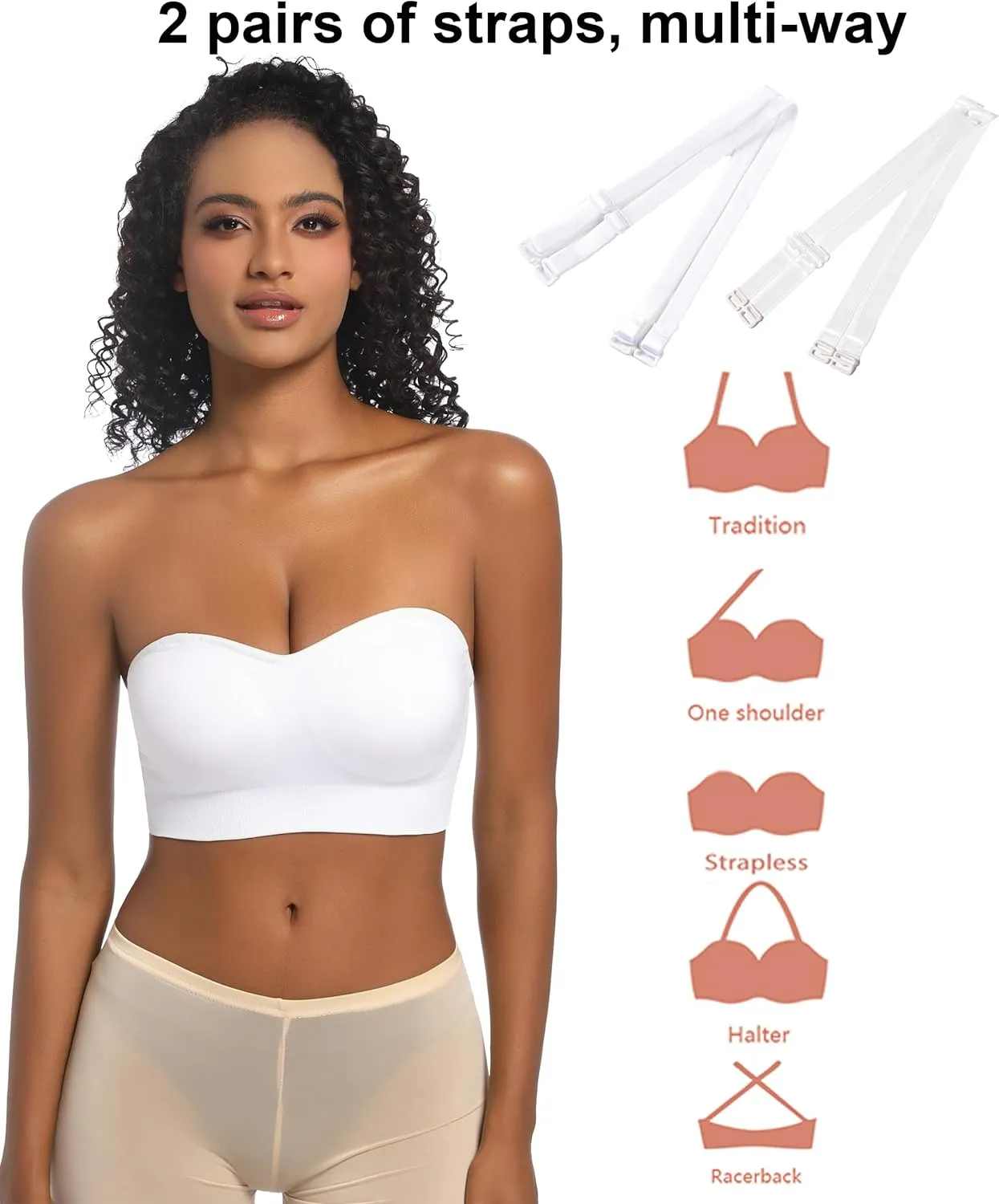 PRETTYWELL Strapless Bra for Women Comfort Non-Slip Seamless Padded Bandeau Bras Wireless Tube Top Bra with Multi-Way Straps