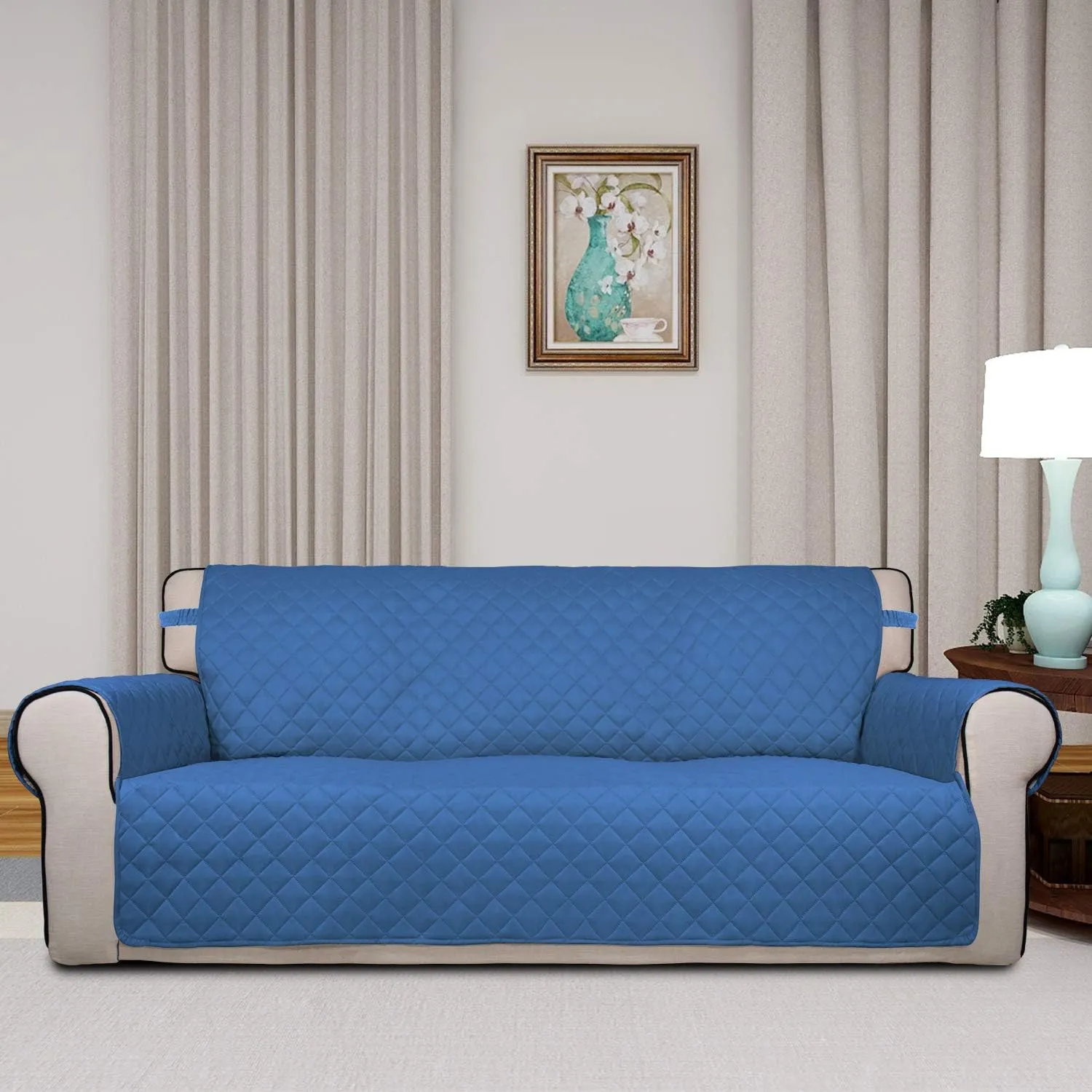 PureFit Reversible Quilted Sofa Cover, Water Resistant Slipcover Furniture Protector, Washable Couch Cover with Non Slip and Elastic Straps for Kids, Dogs, Pets (Sofa, Blue/Ivory)