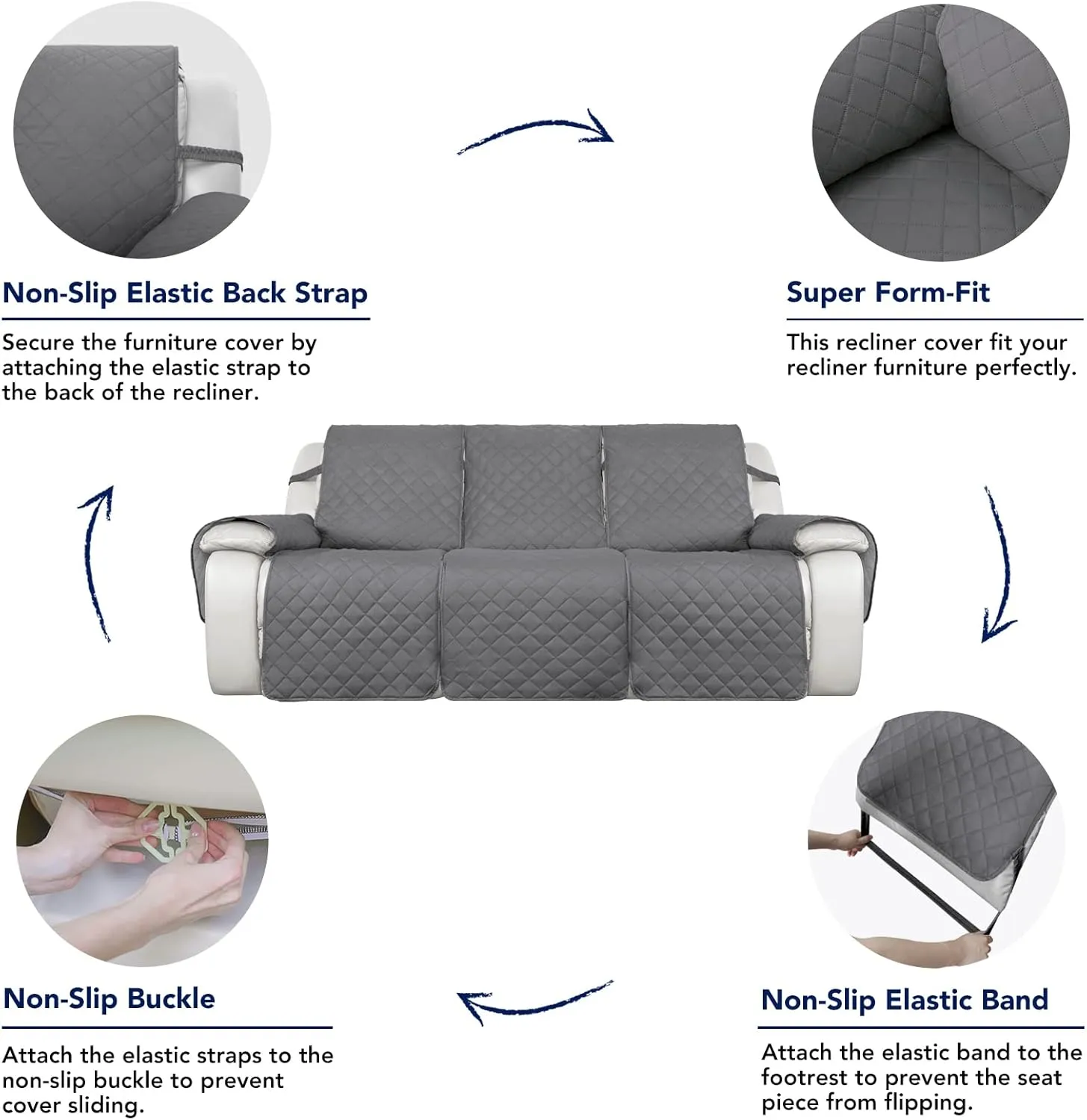 PureFit Water Resistant Reversible Sofa Covers for Reclining Sofa - Non Slip Split Recliner Couch Cover for 3 Cushion Couch, Washable Furniture Protector for Kid, Dog (3 Seat, Gray/Light Gray)