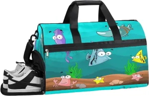 QsirBC Marine Animals Shellfish Seaweeds Gym Bag for Women Duffle Tote with Shoes Compartment Men Weekender Duffel For Travel Sports Swimming Overnight