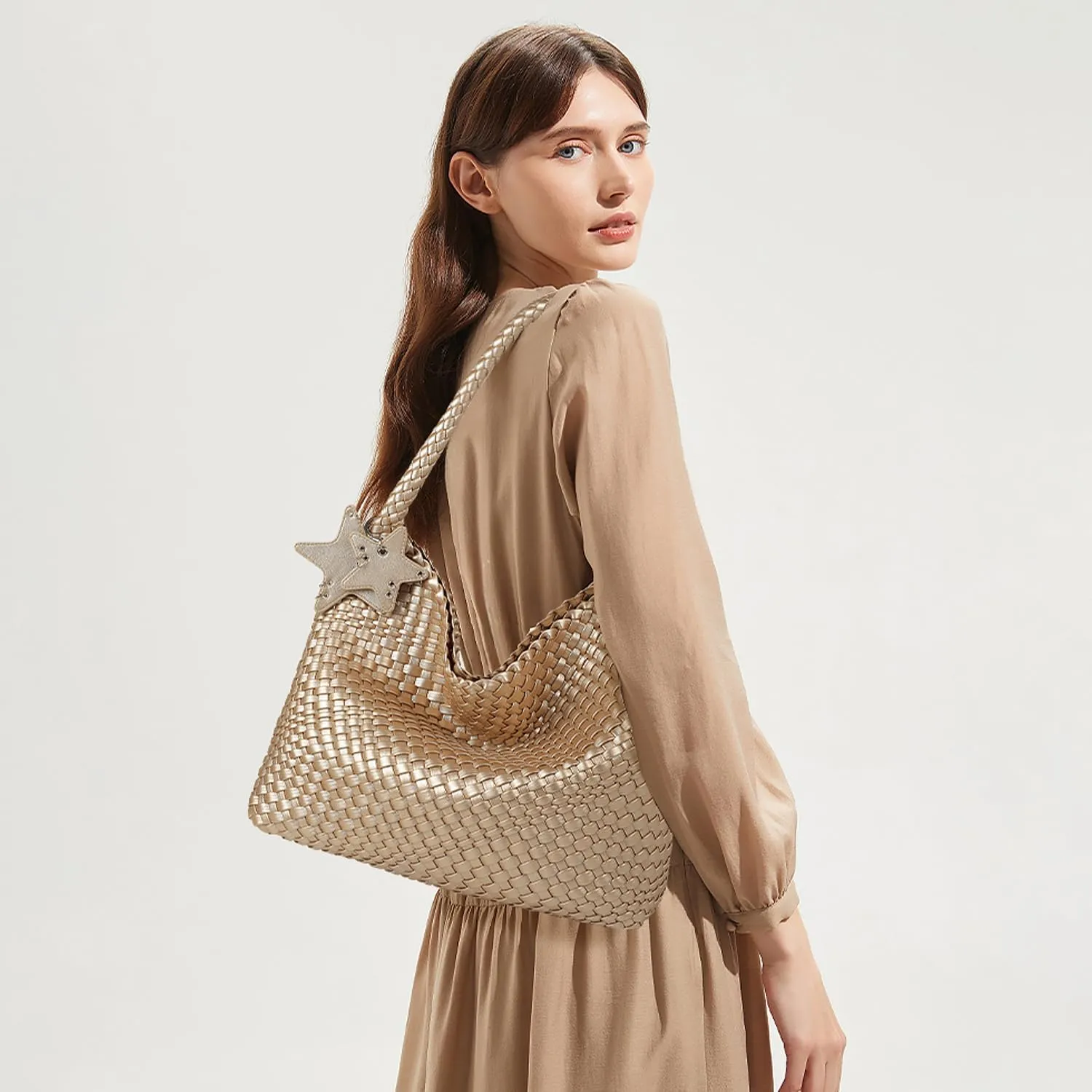 Queenoris Woven Tote Bag for Women, Fashion Vegan Leather Shoulder Handbags Summer Beach Bag Top-handle Travel Totes