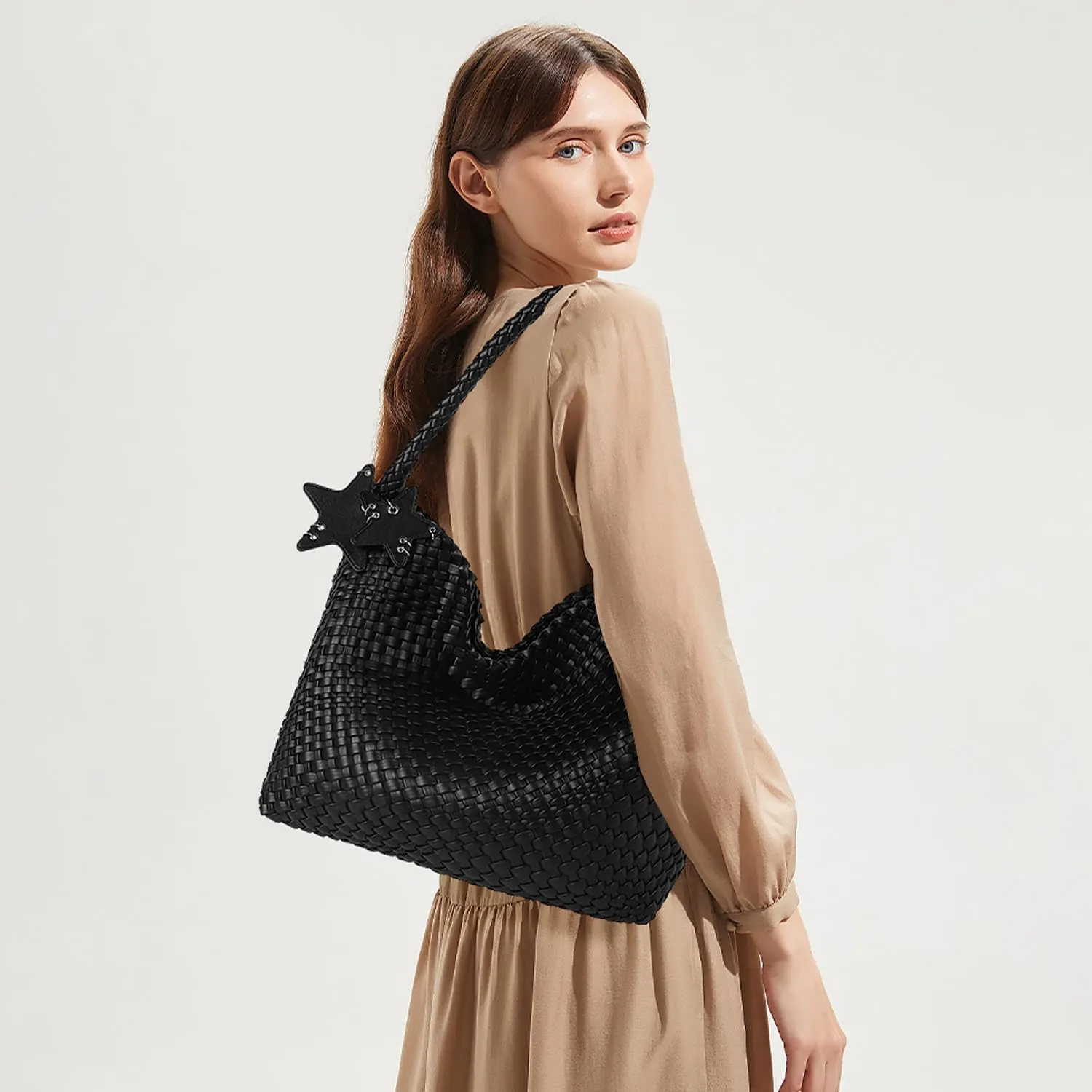 Queenoris Woven Tote Bag for Women, Fashion Vegan Leather Shoulder Handbags Summer Beach Bag Top-handle Travel Totes