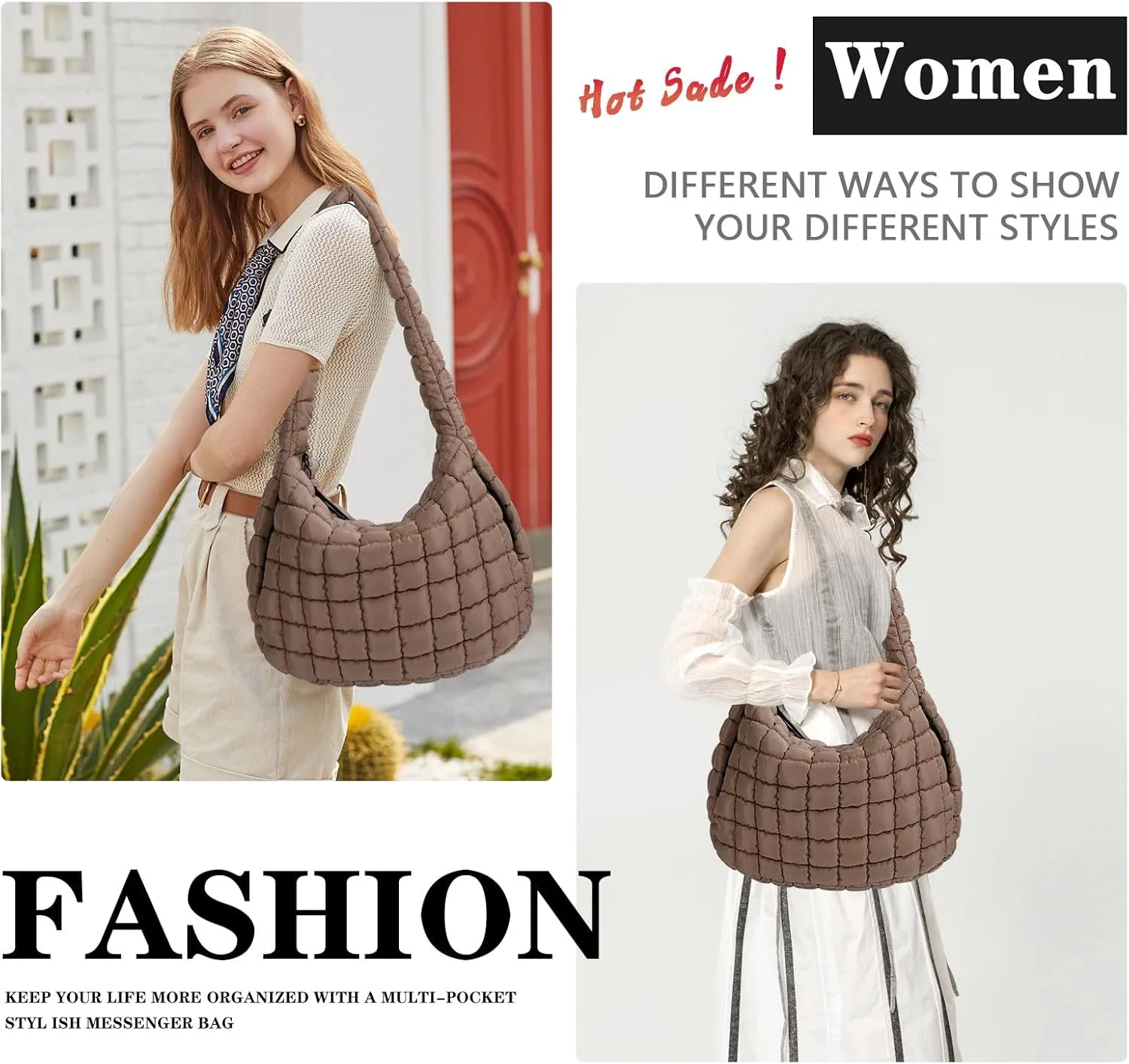 Quilted Tote Bag, Large Carryall Shoulder Hobo Bag, Lightweight Puffer Design