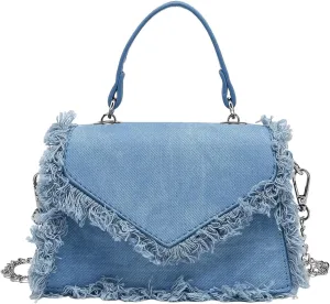 QWINEE Women's Fringe Hobo Bag Tassel Trim Small Denim Bag Vegan Suede Tassel Hippie Crossbody Bag