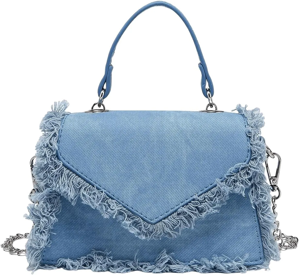 QWINEE Women's Fringe Hobo Bag Tassel Trim Small Denim Bag Vegan Suede Tassel Hippie Crossbody Bag