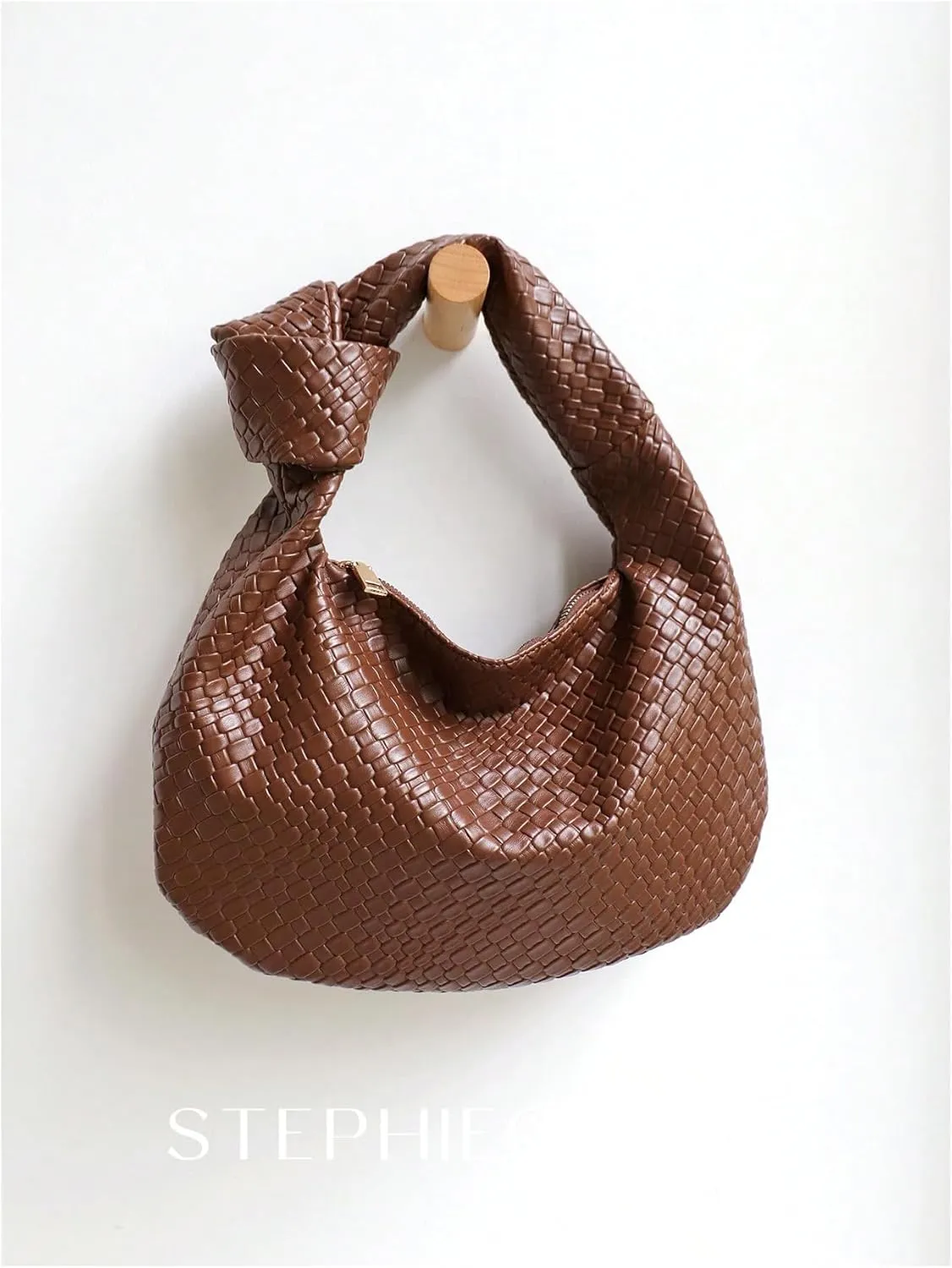 QWINEE Women's Woven Shoulder Bag Retro Vintage Zipper Faux Leather Small Underarm Purse with Knotted Strap
