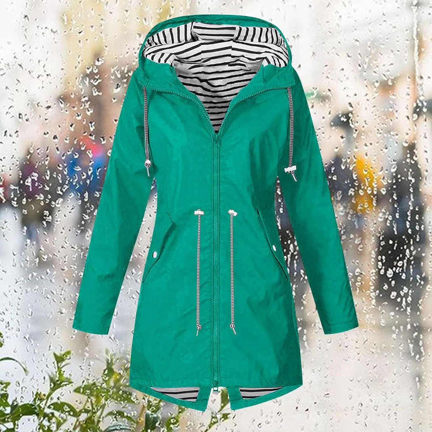 Rain Jacket Women Outdoor Waterproof Windproof Windbreaker Lightweight Active Travel Rain Trench Coat with Hood