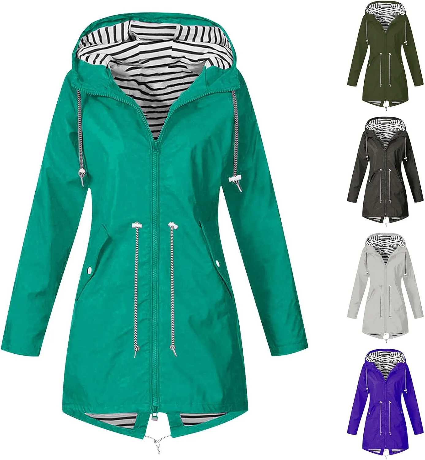 Rain Jacket Women Outdoor Waterproof Windproof Windbreaker Lightweight Active Travel Rain Trench Coat with Hood
