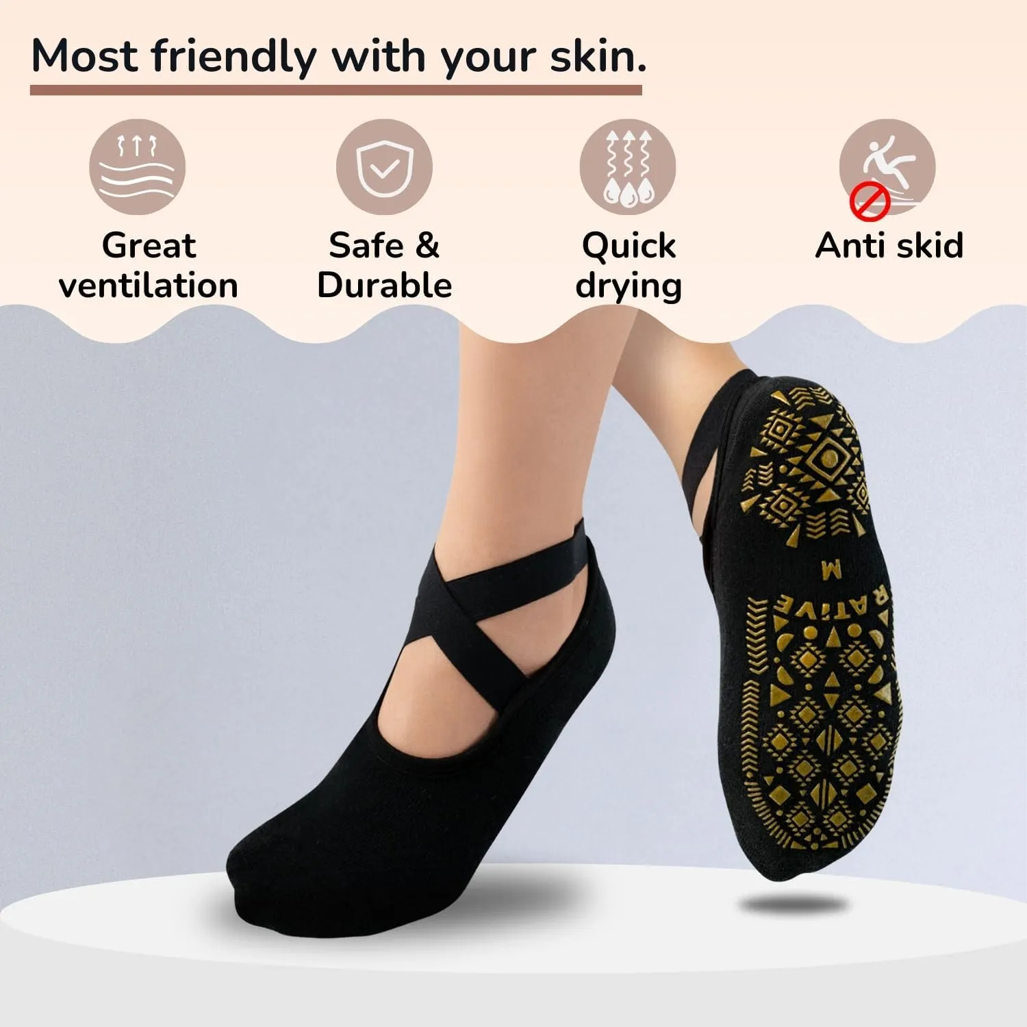 RATIVE X-Cross Straps Anti Slip Non Skid Barre Yoga Pilates Hospital Socks with grips for Mens Womens
