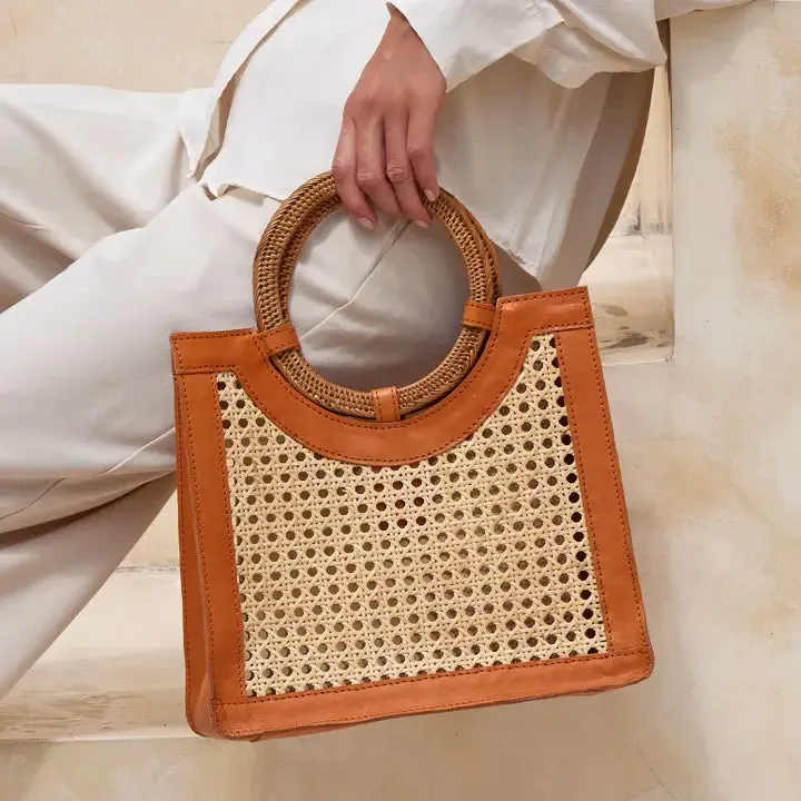 Rattan Cane Weave Handbag with Round Handle - Brown