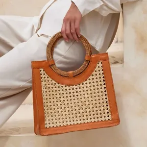 Rattan Cane Weave Handbag with Round Handle - Brown