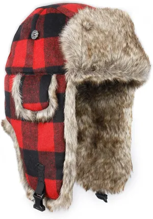 Red Black Brown Plaid Wool Pilot Aviator Hat Faux Fur Trapper Hunting Cap