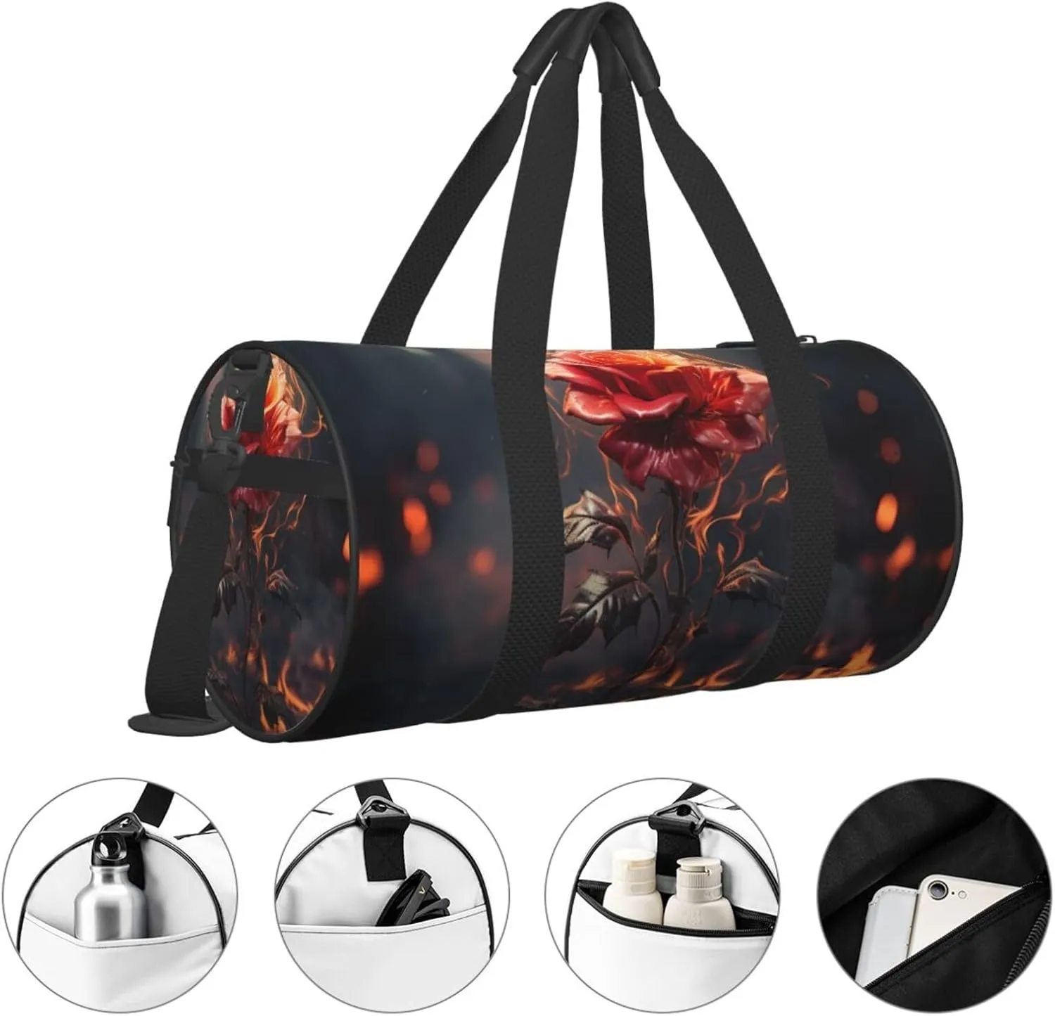 Red Flowers Burning Travel Duffle Bag for Men Women Sport Gym Bag Foldable Weekender Bag Carry on Overnight Bag for Travel Swimming Basketball