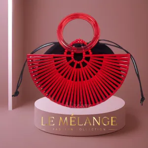 Red Half Round Bamboo Beach Handbag - Women's Summer Hollow-Out Woven Straw Bag with Acrylic Handle