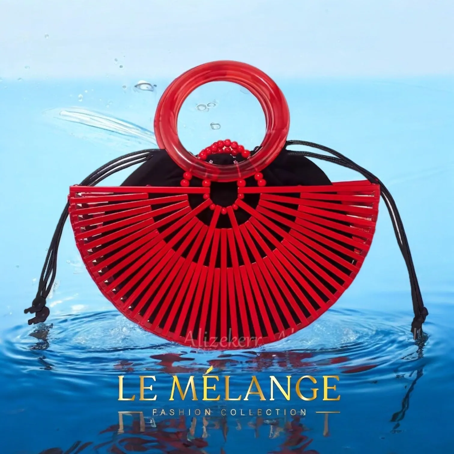 Red Half Round Bamboo Beach Handbag - Women's Summer Hollow-Out Woven Straw Bag with Acrylic Handle