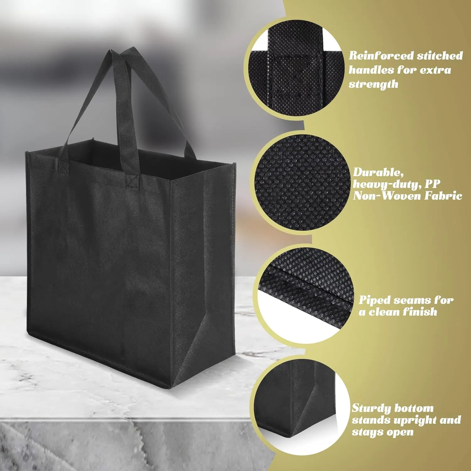 Reginary 50 Pieces Reusable Totes Bag Bulk Shopping Bags Non Woven Grocery handbag with Handles Foldable for Boutiques(Black)