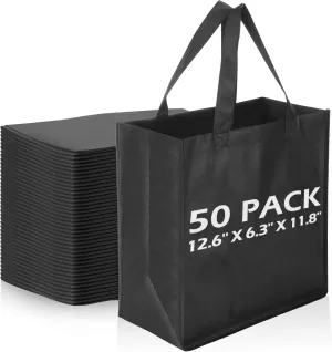 Reginary 50 Pieces Reusable Totes Bag Bulk Shopping Bags Non Woven Grocery handbag with Handles Foldable for Boutiques(Black)