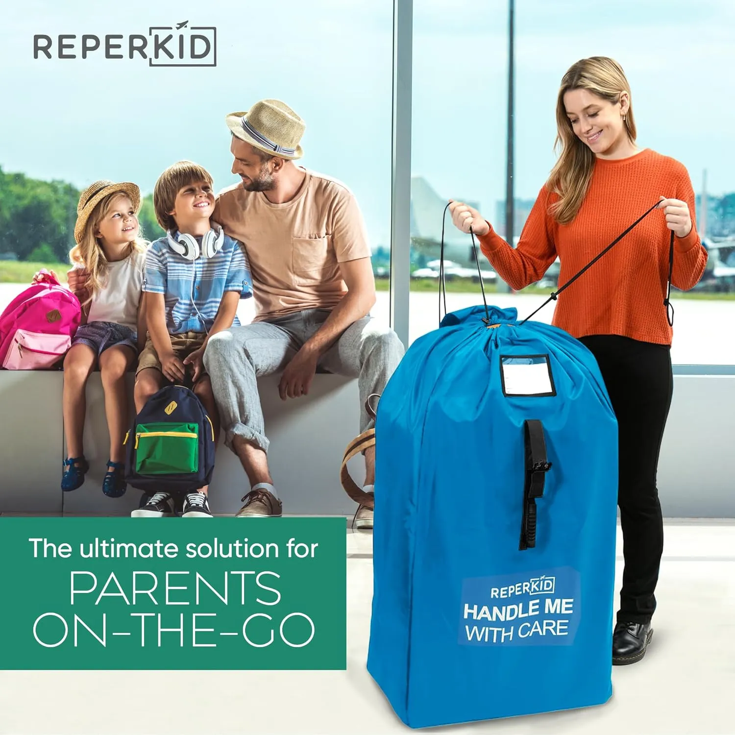 reperkid Large Stroller Bag for Airplane Travel, Blue, 47" H x 24" W x 15" D, Fits Most Large, Single, Double, Jogging Strollers – Premium Waterproof Cover, Adjustable Shoulder Straps