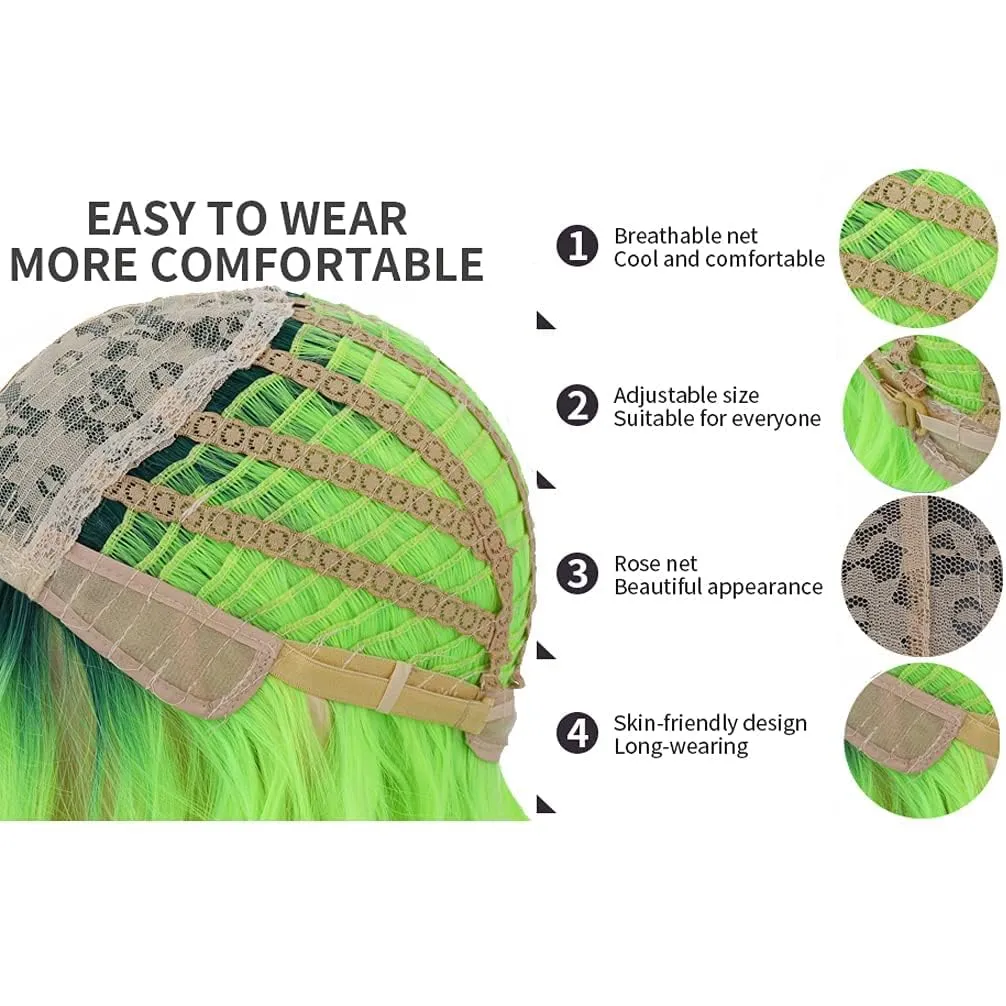 RightOn Lime Green Wig Long Straight Wig with Bangs Neon Green Wigs for Halloween Costume Party Wigs with Hairnet