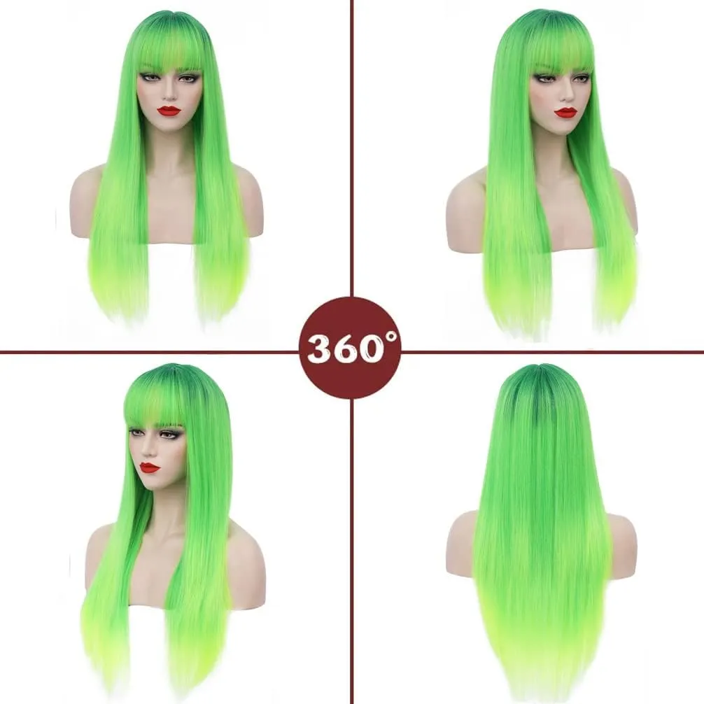 RightOn Lime Green Wig Long Straight Wig with Bangs Neon Green Wigs for Halloween Costume Party Wigs with Hairnet