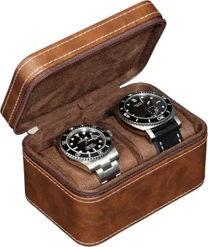 ROTHWELL 2 Watch Travel Case for Men | Compact PU Leather Protective Box with Microsuede Interior | Fits Watches & Smartwatches Up to 55mm (Tan/Brown)