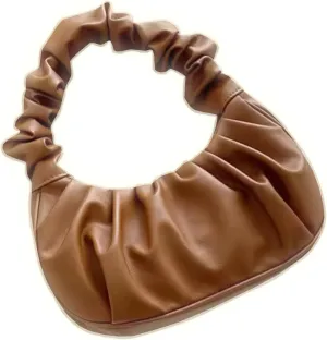 Ruched Faux Leather Hobo Shoulder Bag, Brown, Slouchy Design