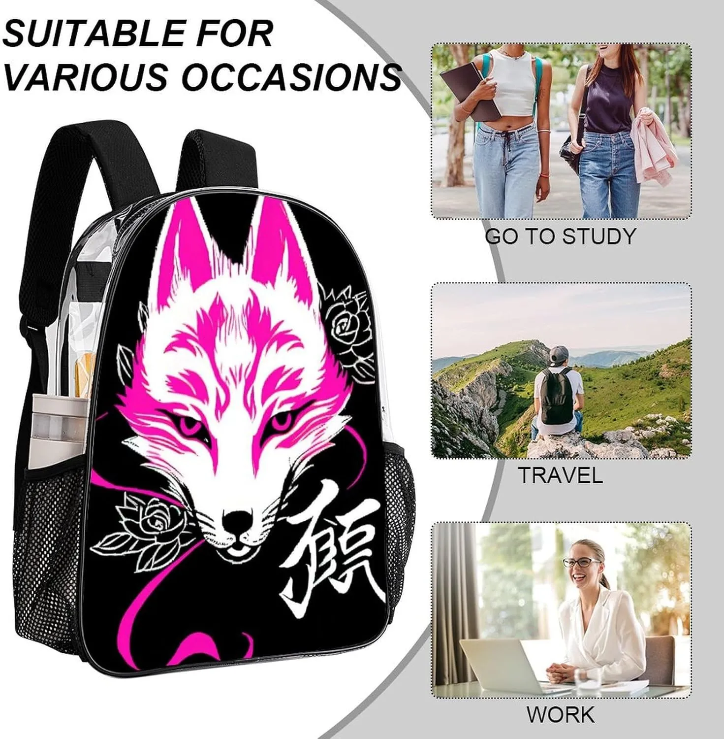 Rucksack Anti-Theft Multipurpose Large Capacity Carry On Bag - Japanese Kitsune Mask Art Travel Hiking Day Pack Transparent Bag