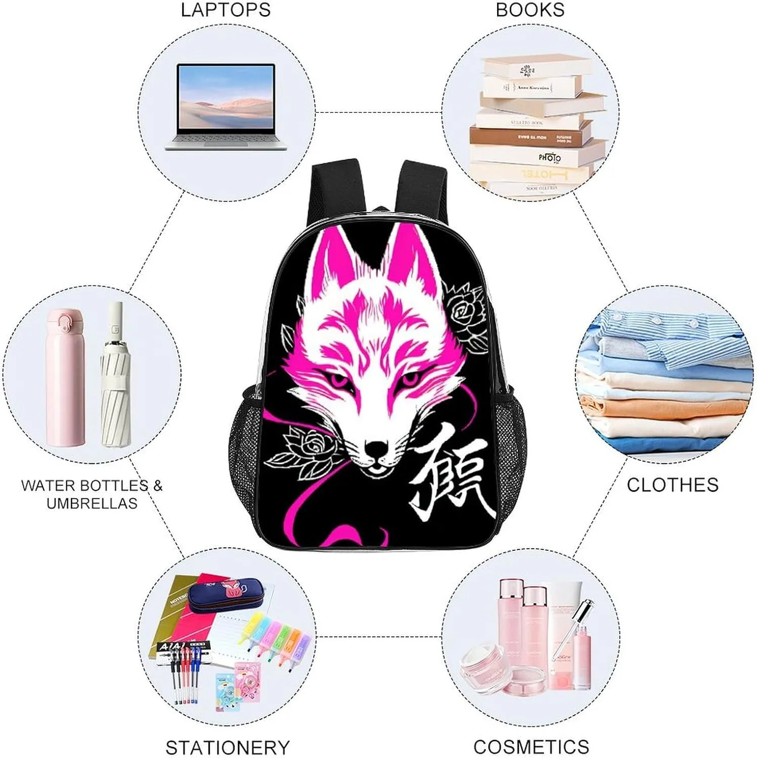 Rucksack Anti-Theft Multipurpose Large Capacity Carry On Bag - Japanese Kitsune Mask Art Travel Hiking Day Pack Transparent Bag